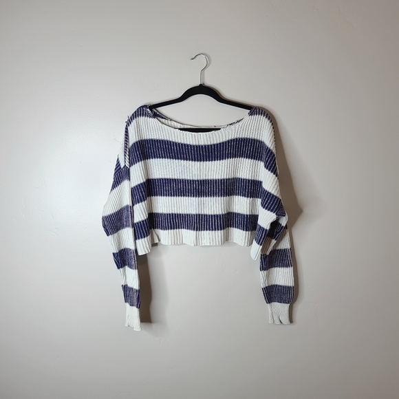 Free People Just My Chunky Striped Cropped Sweater Blue White Size XS - Picture 3 of 7